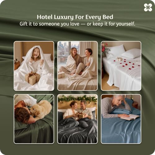 Image of Bedsure PureWoven 100% Giza Egyptian Cotton King Sheets, CEA & BV Certified | 18 inch Deep Pocket Sateen Sheets with Corner Straps, Durable & All-Season Breathable, Hotel Luxury, Oeko-Tex, Olive Green