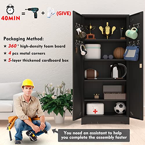 Gaious Metal Storage Cabinet, 72.8" Steel Tool Storage Cabinet With Lock And Adjustable Shelves, Garage Storage Cabinet With Leveling Feet For Garages, Offices, Warehouses, And Homes(Black) #TOP3