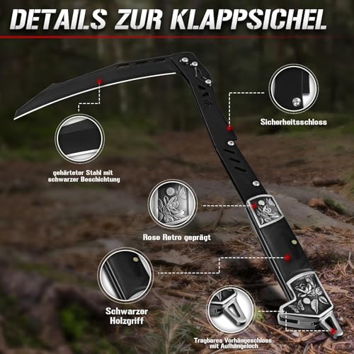 DRGSKL Faltbar Sense mit Scheide Schwarze Outdoor Klappbare Sichel für Gras und Unkraut Retro Sharp Sichel Garten Geschenk für Männer Einzige Klinge