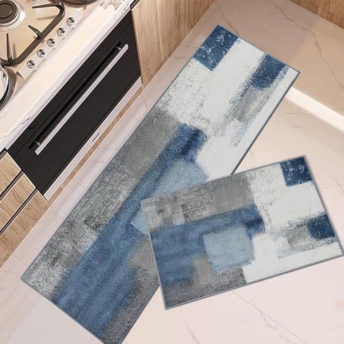 ArtSocket Kitchen Rugs and Mats Non Skid Washable Set of 2, Navy Blue Grey Abstract Runner Rug, Painting Gray Vintage Retro Kitchen Floor Mat Under Sink Mat Throw Rug