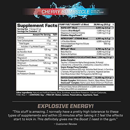 PMD Sports Pump Fuel Ultra Insanity - Premium Pre Workout Powder & Muscle Pump, Greater Focus, Endurance & Recovery, Premium Creatine, Arginine & Beta Alanine - Cherry Bombsicle (30 Servings)