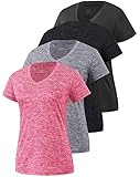 Xelky 3-4 Pack Women's V Neck Tshirt Short Sleeve Moisture Wicking Athletic Shirts Sport Activewear Fitness Workout Gym Tops 4Black/MBlack/Gray/Rose X-Large