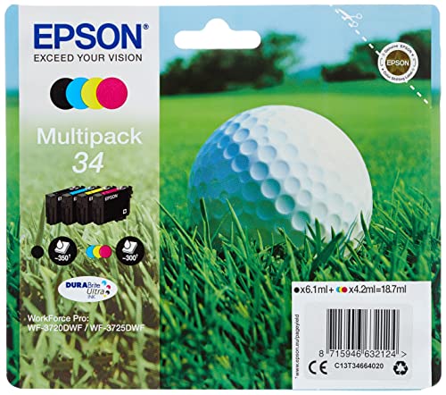 Epson Multipack 34 Balle de Golf, Cartouches d'encre d'origine, 4 couleurs: Noir, Cyan, Magenta, Jaune, WF-3720DWF, WF-3725DWF