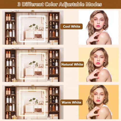 Image of Walnut Vanity Desk with Mirror and Lights, Glass Top Vanity with Lighted Mirror & RGB Cabinet and 3 Drawers, Dressing Table with 8 Shelves, Makeup Desk with Lights for Girls Bedroom, 3 Color Modes