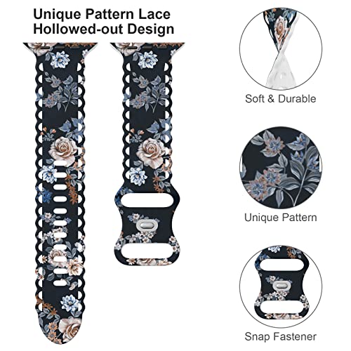 Image of Compatible with Apple Watch Band 41mm 40mm 38mm 49mm 45mm 44mm 42mm Women Girl, Rose Floral Print Lace Hollow-out Soft Silicone Sport Bands For iWatch Ultra SE Series 10 9 8 7 6 5 4 3 2, RoB-42