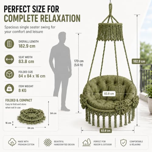 Image of Premium King Size Hammock Chair Swing with Cushion, 200kg Capacity | Indoor Outdoor Heavy Duty Adults & Kids Hanging Jhula for Home, Garden, Patio & Balcony | 1 Yr Warranty (Olive Green)