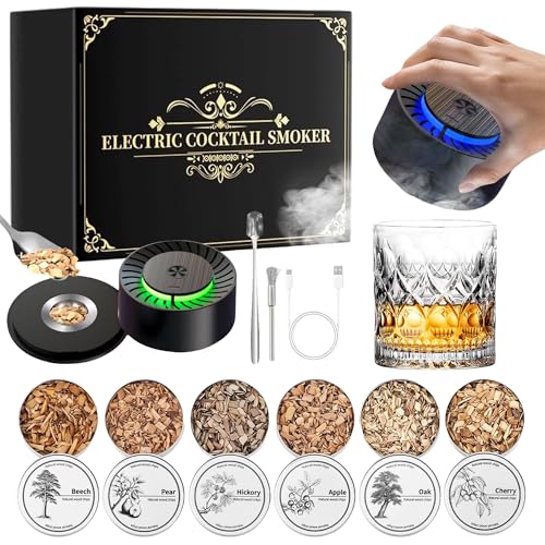 Electric Cocktail Smoker Kit with Torch 6 flavors Wood Chips Premium Whiskey Smoker Infuser Kit for Old Fashioned Bourbon Drinks & Cocktail Lovers Ideal Gift for Him