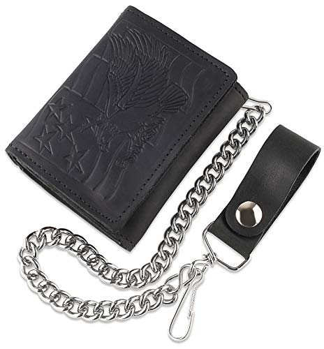 Image of RFID Blocking Men's Tri-fold Vintage Biker Cowhide Leather Steel Chain Wallet,Snap closure, Made In USA,tc315-122,flag /eagle,black