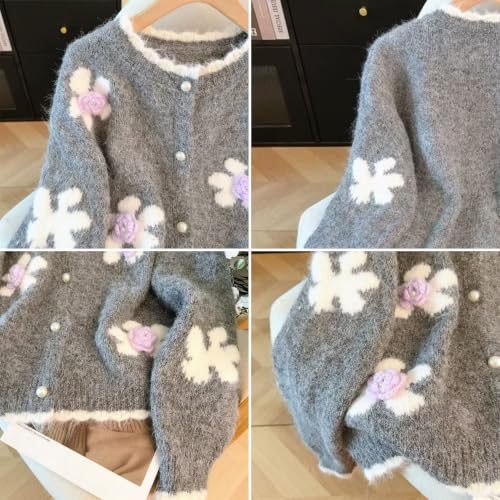 Image of FindThy Women's Kawaii 3D Floral Cardigan Long Sleeve Crewneck Knit Cardigan Sweaters