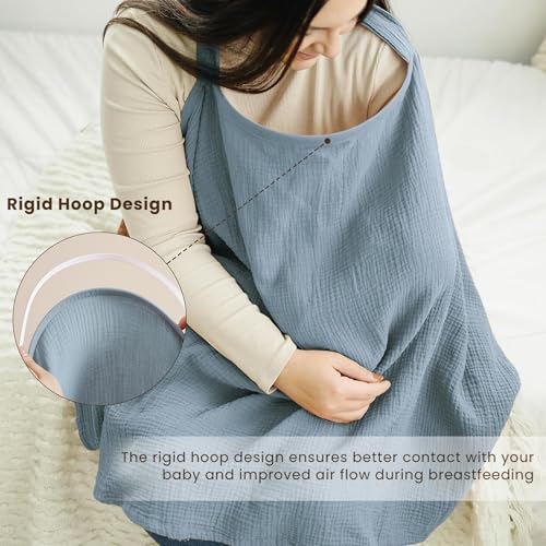 Image of Konssy Muslin Nursing Cover Up for Breastfeeding with Rigid Hoop | 100% Cotton Nursing Apron, Lightweight & Breathable, Carseat Canopy, Breast Feeding Covers for Women (Blue)
