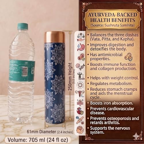 Image of VIRGIN Foodgrade 99.9% Pure Copper Water Bottle- Leakproof, Joint Free, No Lead, BPA-Free - Ayurvedic Health Benefits- Made in India - Celestial Mandala Print (705 mL)