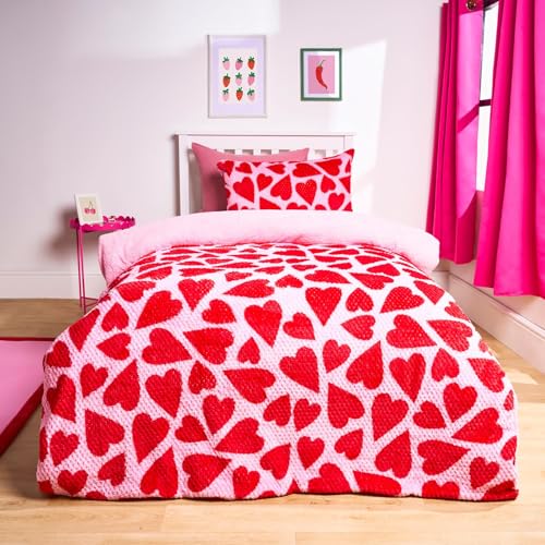 OHS Single Fleece Duvet Cover, for Women Girls Heart Print Waffle Fleece Duvet Super Soft Cosy Warm Sherpa Reversible Single Duvet Cover Set with Pillowcase, Pink/Red