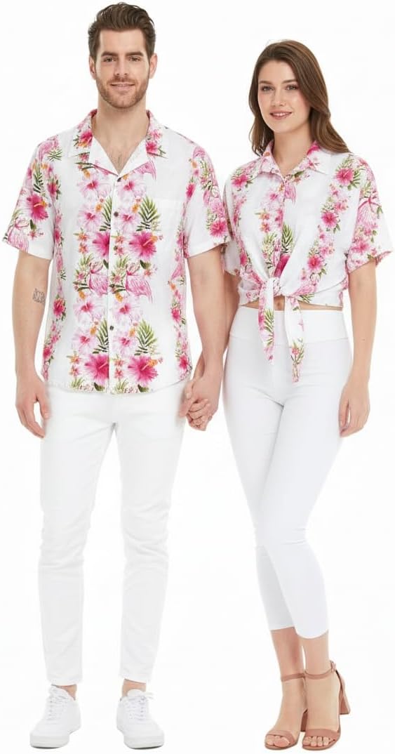 Matchable Couple Hawaiian Luau Shirt or Tie Front Top in Pink Black Hibiscus Vine