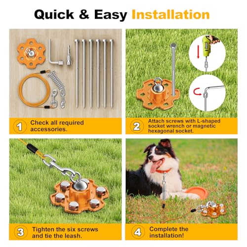 Tivray Anlegepflöcke für Hunde und Kabel, 360° Schwenkbar Hund Pfähle, Heavy Duty Hundehof Leine Pfahl mit 30 ft Hund Tie Out Kabel, Hund Läufer 180 lbs Zugkraft für Draußen Camping Hof, Orange