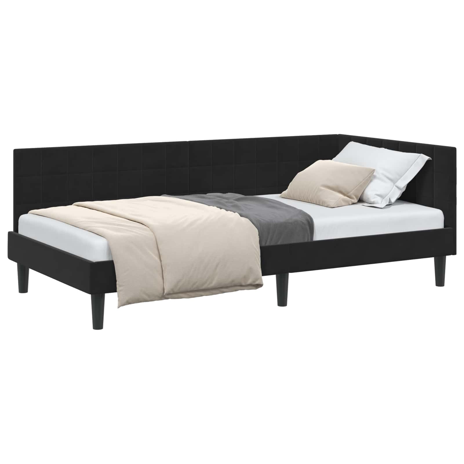 Gecheer Eckbettgestell mit Kopfteil Schwarz 90 cm x 200 cm Stoff, Eckbett Familienbett Schlafsofa Bettgestell für Schlafzimmer Kinderzimmer Dachgeschoss42016433