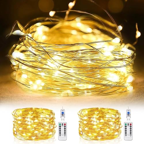 Fairy Lights for Bedroom, TCUSFO 2 Pack Total 66ft 200 LED Indoor String Lights USB Plug in, Twinkle String Lights with Remote and Timer Starry Lights DIY Wedding Christmas Decoration Warm White