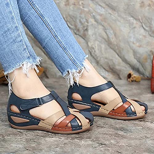 coersd Summer Plus Size Retro Round Toe Color Matching Women's Casual Wedge Sandals Womens Closed Toe Vintage Wedge Sandals Comfort Casual Flat Sandals Sandals for Women Platform Sandals