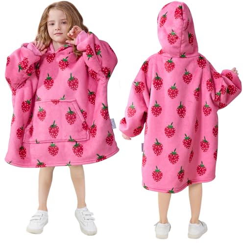 MIZZEO Kids Wearable Blanket Hoodie, Oversized Sherpa Wearable Blanket with Hood Pocket and Sleeves for Toddlers, Cute Hoodies 2-6 Year Old Girls Youth Birthday Gifts (Strawberry)