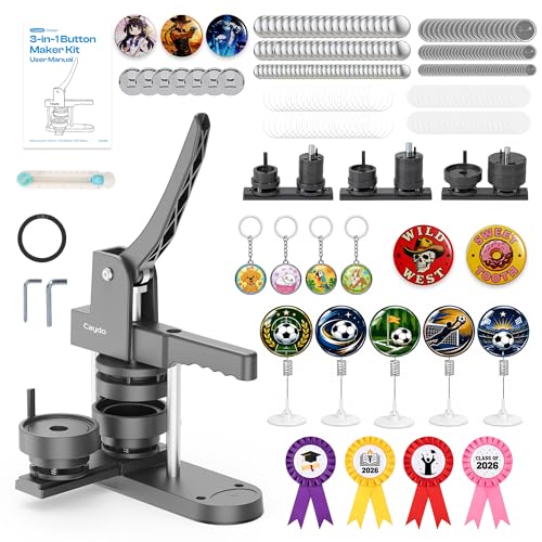 Caydo Button Maker Machine Multiple Sizes, 1+1.25+2.25 Inch Pin Maker Machine Kit, 3 in 1 Button Press Machine Making Kit with Maker Supplies for Fridge Magnet Keychain Bottle Opener DIY Crafts