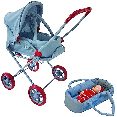 Image of Baby Doll Stroller Play Set, 3-in-1 Babydoll Stroller with Removable Bassinet Baby Carriage for Dolls Toy Doll Stroller for Toddlers 3-4 Years, (Light Denim)