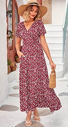 Image of WNEEDU Women's Summer Maxi Dress Short Sleeves Wrap V Neck Long Dresses with Pockets