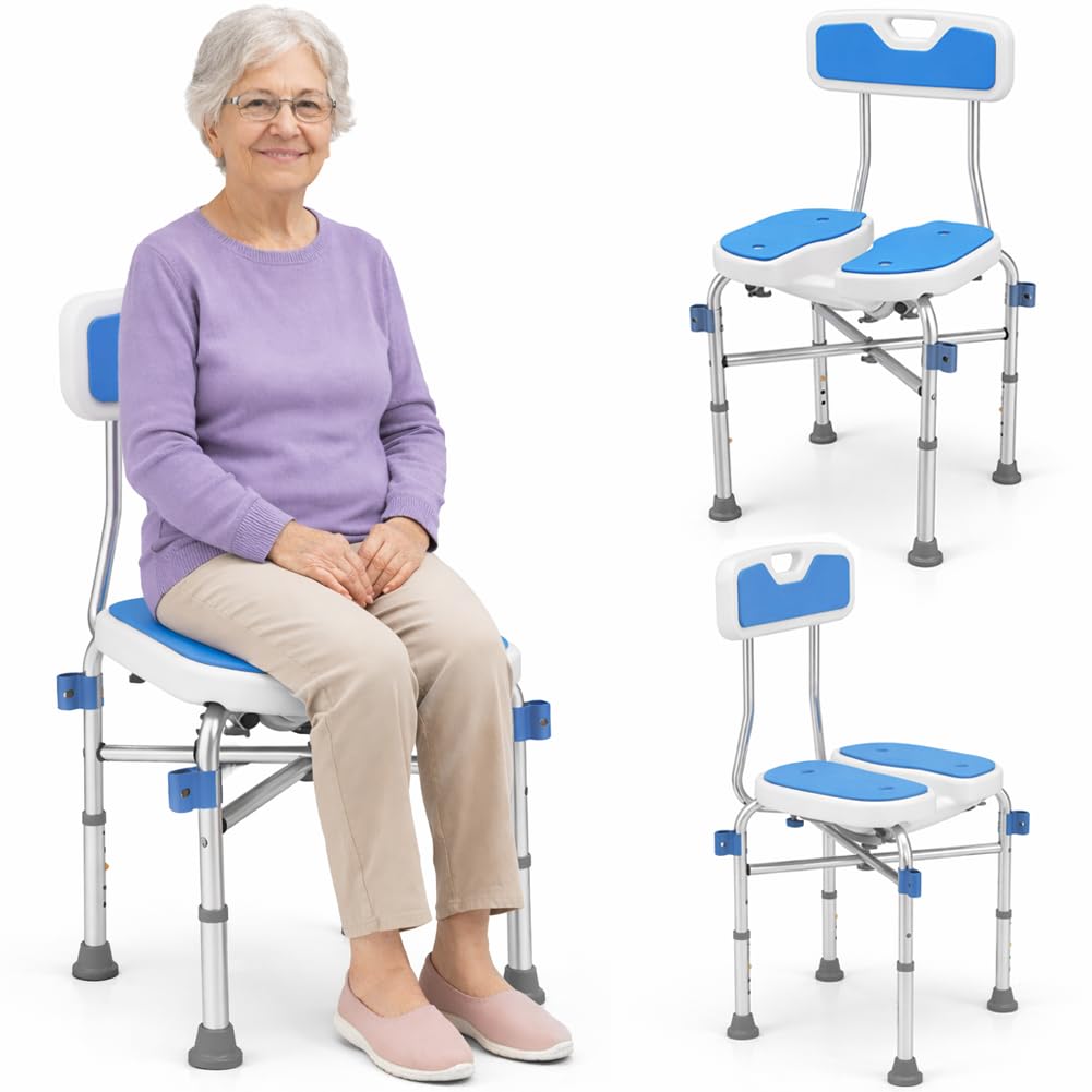 BAKAJI Sgabello da Doccia con Schienale e Braccioli, Struttura Alluminio e Seduta Ergonomica in HDPE, Sedile da Bagno per Anziani, Disabili e Persone con Mobilità Ridotta, Regolabile Altezza 83-93 cm