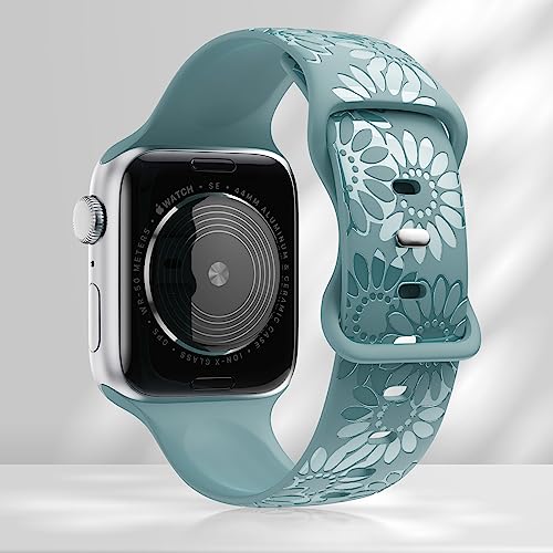 Image of Sunflower Engraved Band Compatible with Apple Watch Bands 38mm 40mm 41mm 42mm 44mm 45mm 49mm Women, Designer Soft Glossy Floral Silicone Strap for iWatch Series Ultra 11 10 9 8 7 6 SE 5 4 3 2 1