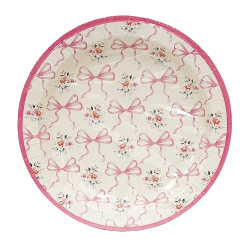 CORE HOME Chic Decorative Disposable Dinner Dessert Paper Plates 10.5 Inch Floral Coquette Bow Pack of 16