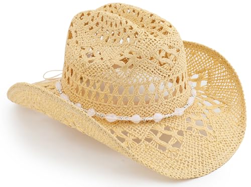 Pro Celia Straw Cowboy Hat for Women and Men Western Cattleman Style Wide Shapeable Brim (US Alpha One Size Beige)