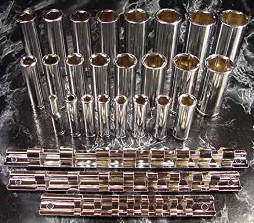 27pc SAE DEEP Chrome Socket Set with Holder Tool 1/4 3/8 1/2Drive