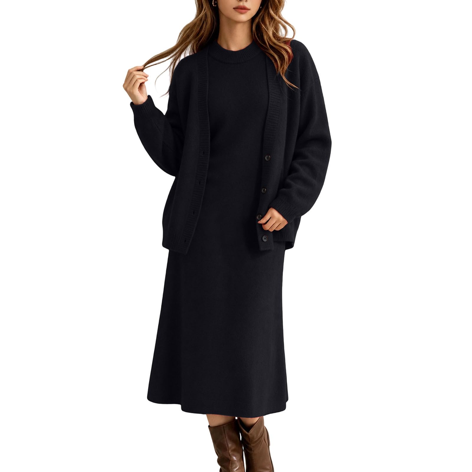 Conjunto de 2 piezas para mujer, manga larga, cuello redondo, vestido midi de punto con botones, cárdigan para otoño e invierno, cálido, cómodo, ajustado, traje de vestir