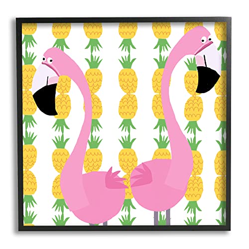 Stupell Industries Kids' Pink Flamingo Pair Pineapple Stripe Pattern Black Framed Wall Art, 17 x 30