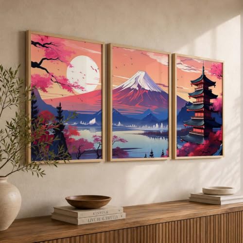 Image of kotart Big Aesthetic Mount Fuji Wall Art Paintings | Mountain Landscape Framed Painting | Nature Art Vastu Frames for Living Room Bedroom Wall Decor Set Of 3 (14x20 Inch)