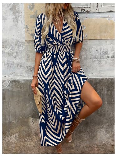 SweatyRocks Women's Summer Half Sleeve Wrap V Neck Smocked A Line Midi Dress4