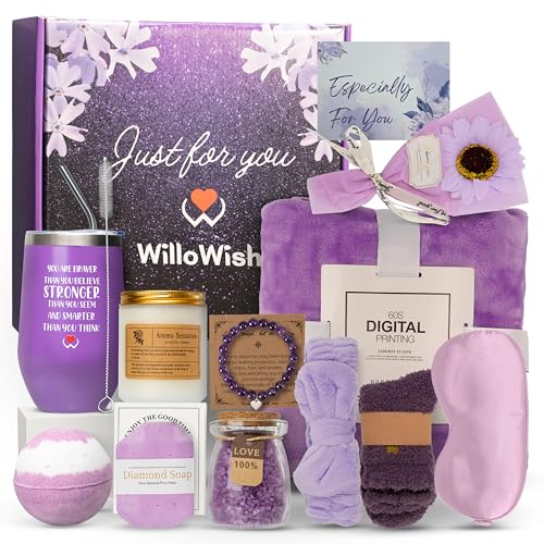 WilloWish Purple Care Package For Women - 15 PCs Get Well Gifts For Women After Surgery - Thinking of You Gifts - Get Well Soon Gift Baskets - Spa Self Care Gift