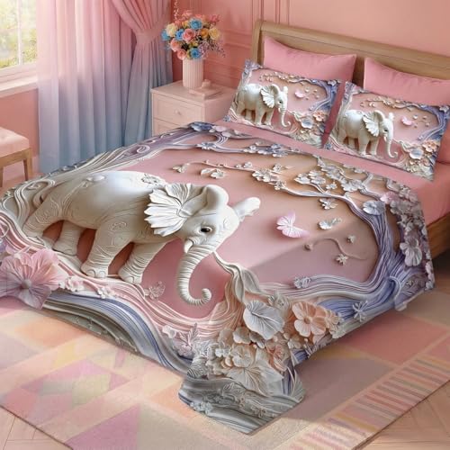 Image of 7D Fairy Tale Elephant Collection King Bedsheet 108x108 inch with 2 Pillow Covers | Good Stitching, Soft Fabric & Vibrant 7D Digital Print for Kids & Couples (Pink)