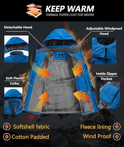 Image of Mens Winter Jackets Waterproof Warm Fleece Ski Jacket with Hood Thermal Windproof Coat Zip Pockets