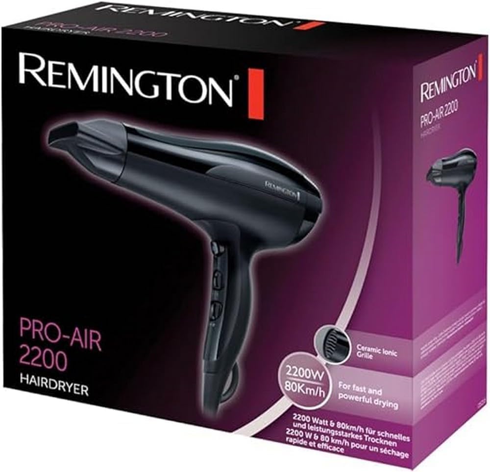 Remington Sèche-cheveux Ionique [Puissant, léger] Pro-Air (2200W, séchage rapide anti- frisottis, revêtement céramique: répartition homogène, 3 températures/ 2 vitesses, concentrateur précis) D5210