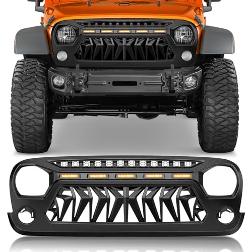 Image of Nilight Front Grill Cover for 2007 2008 2009 2010 2011 2012 2013 2014 2015 2016 2017 2018 Wrangler JK /JKU Rubicon & Sahara Sport with LED Amber Lights Black
