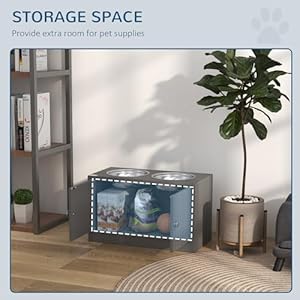 PawHut Large Elevated Dog Bowls with Storage Cabinet Containing Large 44L Capacity, Raised Dog Bowl Stand Pet Food Bowl Dog Feeding Station, Gray