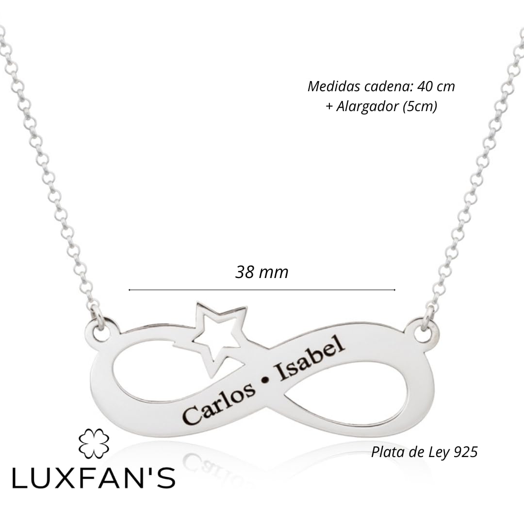 Collar Infinito Mujer Corazón Estrella Personalizado en Plata de Ley 925 con cadena de 40cm + Alargador. Regalo para madres, abuelas en Cumpleaños, Navidad. Hecho en España (Collar Estrella)