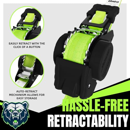 Image of Retractable Ratchet Straps, 4-Pack, 1 Inch x 12 Feet Heavy Duty Tie Downs, 1760lb Break Strength, Self Retracting for Truck, Cargo, Trailer, Motorcycle, ATV, UTV (Green, 8pack)
