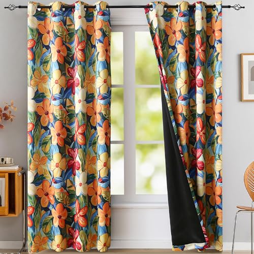 Luvyohmee 90 Inch Length Vibrant Floral Blackout Curtains for Rental Home Bedroom with Tiebacks, Thermal Insulation Yellow Orange Flower Patterned Colorful Drapes 2 Panels Grommet 52Wx90L