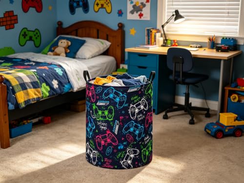 Image of Baby Laundry Basket Baby Nursery Hamper Kids Laundry Basket Toy Storage Bin for Boys Room Decor Gift Baskets for Bedroom Bathroom(Blue Game)