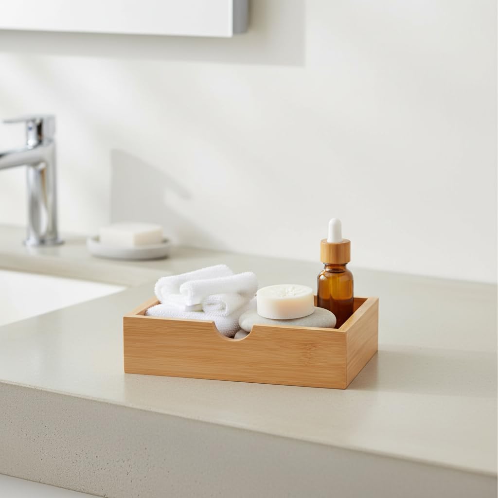 Deconox Doğal Bambu Peçetelik ve Çok Amaçlı Organizer Kutu - 18.5x12.5x5 cm Masaüstü ve Banyo Düzenleyici Ahşap Stand