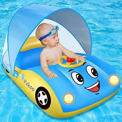 Baby Pool Float with UPF50+ Adjustable Canopy, Inflatable Baby Car Pool Float Boat Baby Swim Float Toddler Pool Float Kids Baby Float Toddler Floaties Infant Pool Float Toys for Baby 18-36 Months