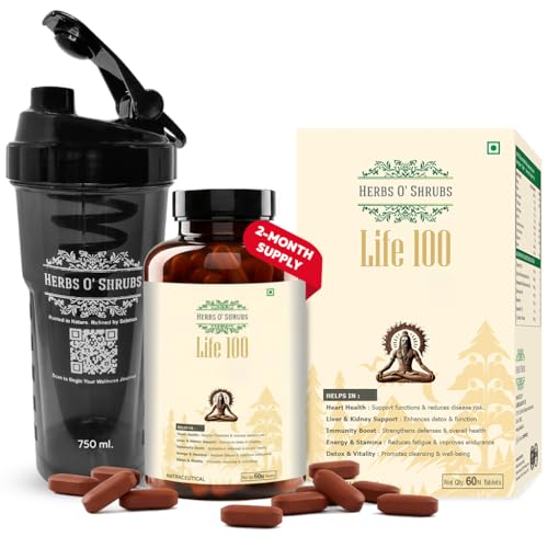 Herbs O' Shrubs Life-100 | Daily Energy, Vitality & Antioxidant Support Tablets | 60 Tablets with CoQ10, Ashwagandha, Spirulina, Resveratrol & L-Carnitine | Slow Down Aging | Boosts the Immunity
