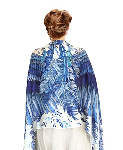 Pure Silk Wearable Artistic Hand Painted Bird Wing Feather Scarf (Blue Wings)4
