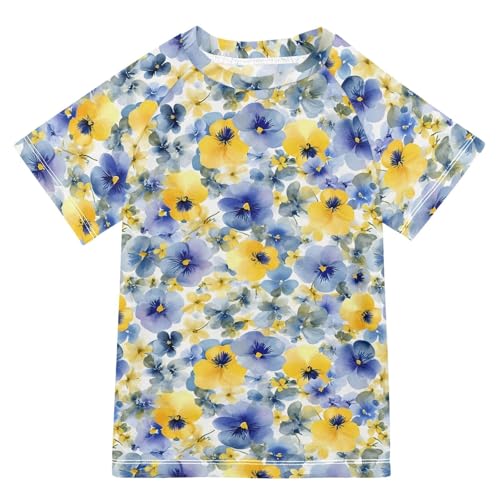 ALAZA Kids Rash Guard Girls Toddler Swim Shirts Short Sleeve Pansy Flowers UPF 50+ 3T
