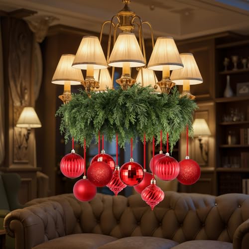 Maysing 19 Pcs DIY Christmas Chandelier Garland Decorations Including 6 FT Artificial Cedar Garlands Balls Ornaments Christmas Hanging Garland for Living Dining Room Light Decor